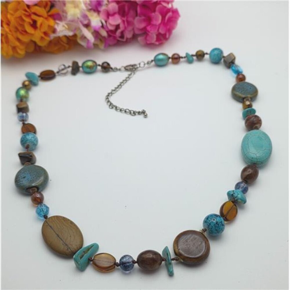 Blue and Amber Beaded Necklace Mixed Glass Ceramic Stone 27” Hand Knotted